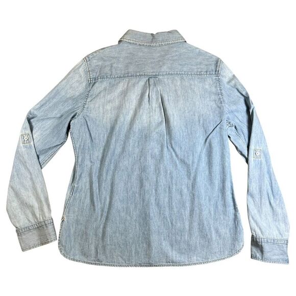 Talbots Denim Chambray Jean Blouse 1/4 Button-Up Roll Tab Long Sleeve Size Small - Picture 6 of 6